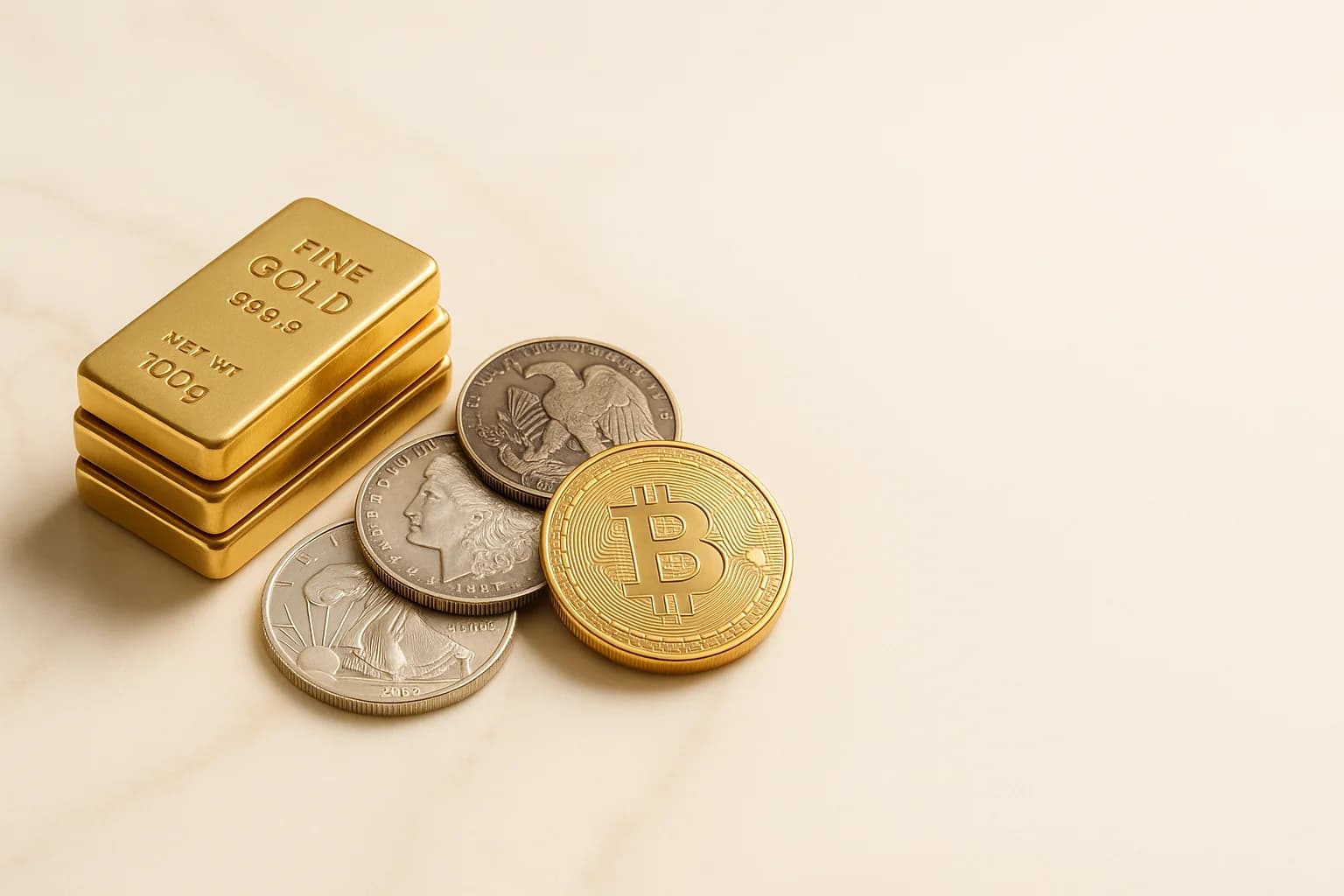 Buying gold with Bitcoin — phone, gold bars and coins